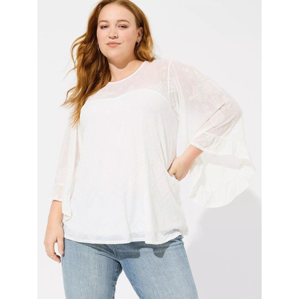 Torrid Flocked Mesh Crew Neck Bell Sleeve Swing Top Blouse , White Size 2 (2X)